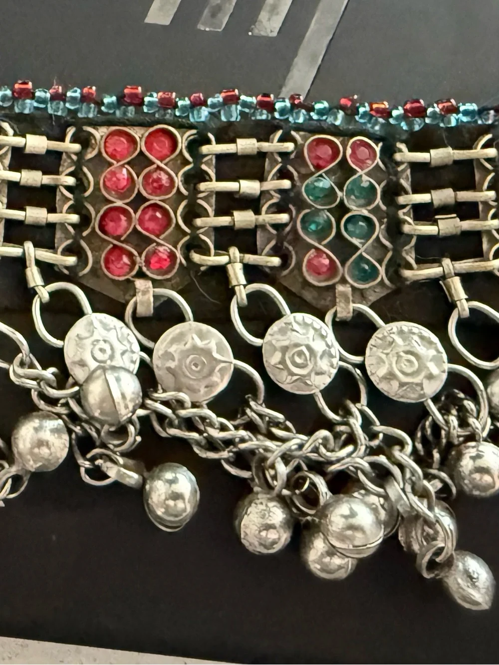 Vintage Afghan Kuchi Tribal Waist Belt Glass Medallions Bells Boho 64”